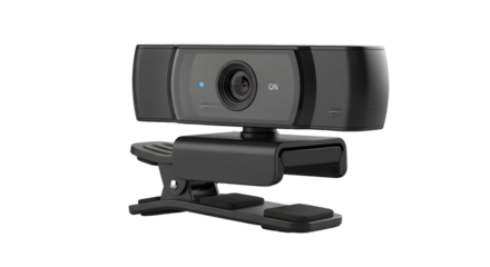 Modern black webcam with a clip for mounting, isolated on transparent background