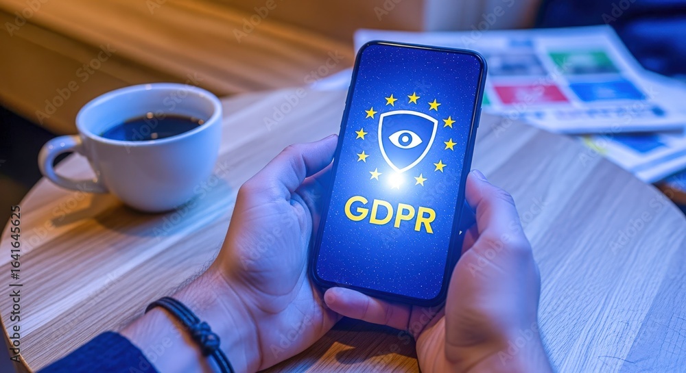 Poster gdpr compliance on mobile device displayed in hands with coffee, illustrating data protection and di