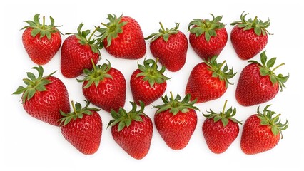 Summer-themed pattern of fresh strawberries and leaves on a clean white background, highlighting health and nature