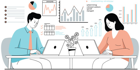 Vector illustration of two people working on laptops with data charts and marketing strategy