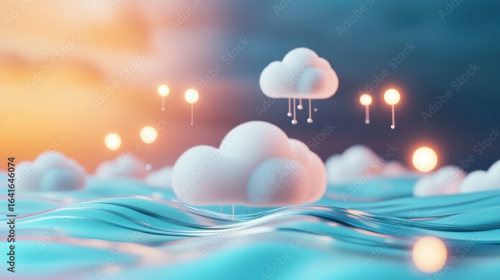 Aufkleber cloud network concept shown with floating nodes in a soft ambient environment.