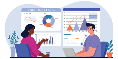 Flat illustration of office teamwork with laptops and business analytics dashboard