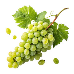 Fototapeta premium Fresh green grapes with leaves isolated on transparent background