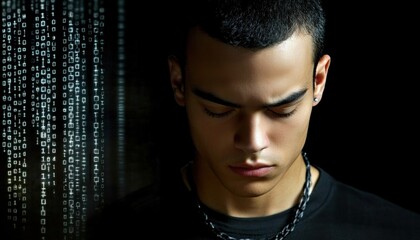 Man meditating with closed eyes among falling numbers neural link technology concept