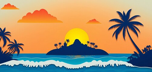 Obraz premium Layered paper cut sunset over tropical island; palm trees, ocean waves, digital, silhouette