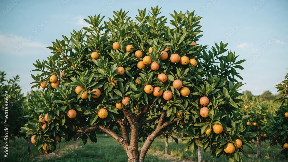 Poster garden scene with grapefruits developing on tree