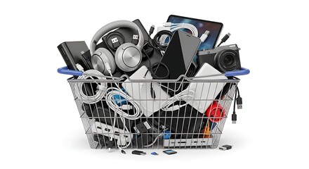Overflowing shopping cart brimming with modern electronic gadgets and accessories like smartphones, headphones, cameras, and charging cables, symbolizing consumerism and tech trends.