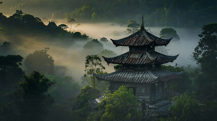 Fototapeta premium Mystical Pagoda Hidden in Lush Green Forest with Morning Mist Asian Temple Scenery Serene Landscape and Cultural Heritage