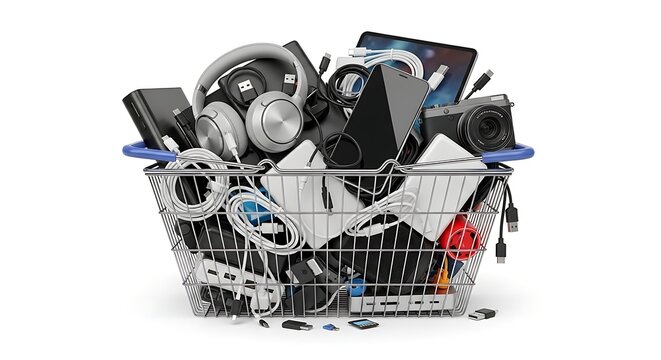 Overflowing shopping cart brimming with modern electronic gadgets and accessories like smartphones, headphones, cameras, and charging cables, symbolizing consumerism and tech trends.