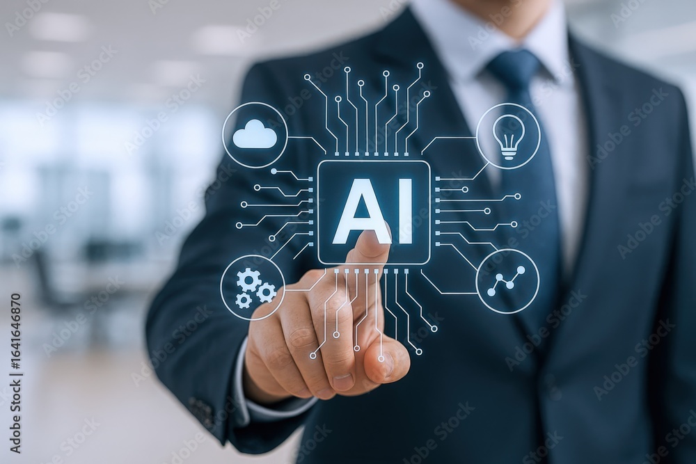 Poster businessman interacting with ai interface: futuristic technology concept demonstrating data connecti