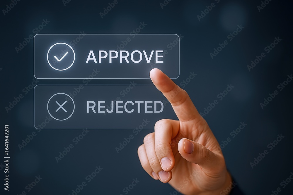 Poster approval choice concept: hand selecting approve button on digital interface, decision making process