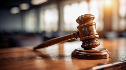 Wooden Gavel on a Polished Table in a Courtroom Setting, Symbolizing Law, Order, and Justice