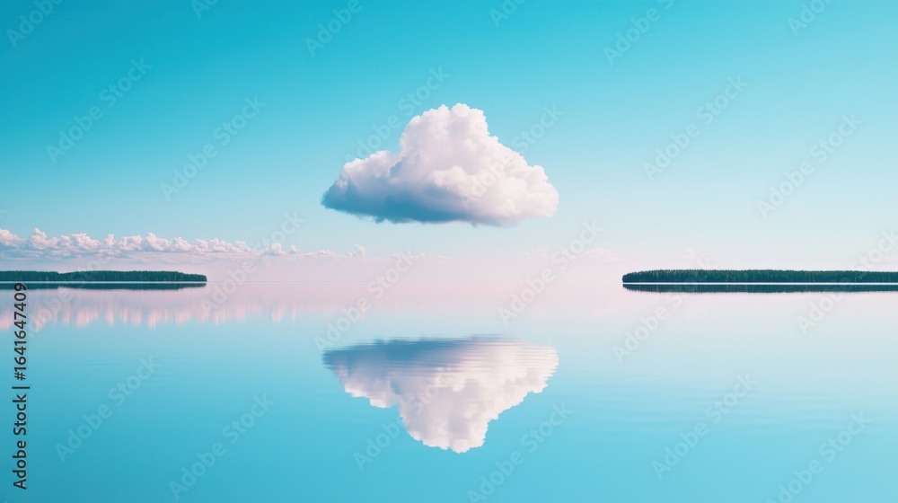 Poster cloud above a calm lake, mirroring perfectly to create a scene of still reflection.
