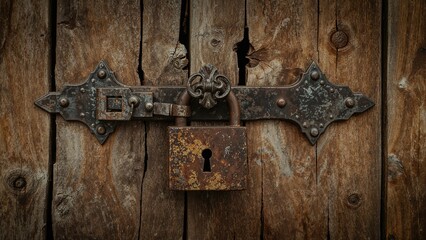 Old-fashioned weather-beaten lock against an unconventional timber backdrop