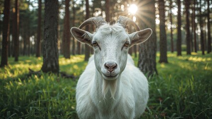 Summer scene featuring a light-colored goat surrounded by forest and grass
