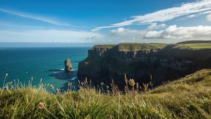 Stunning seaside rock formations surrounded by verdant landscape and deep blue waters in summer