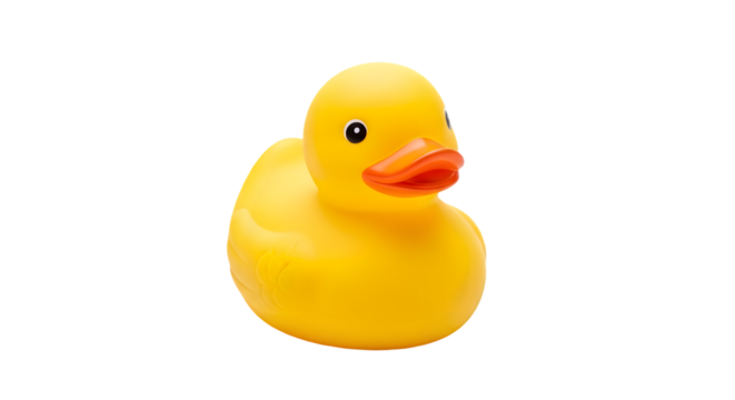 A classic yellow rubber duck toy isolated on a transparent background, perfect for bath time fun and childhood memories
