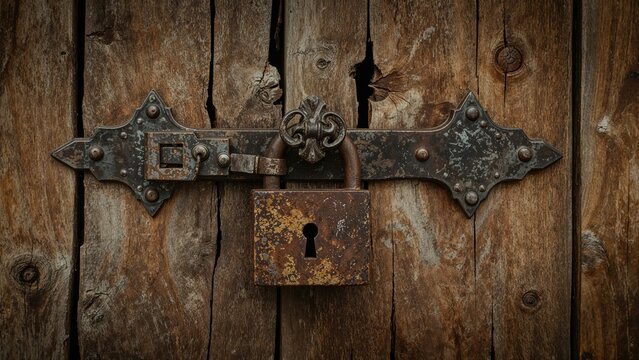 Old-fashioned weather-beaten lock against an unconventional timber backdrop