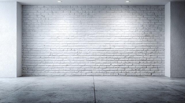 White Brick Wall Interior with Concrete Floor, Spotlight Illumination, Ideal for Product Mockups and Presentation Backgrounds