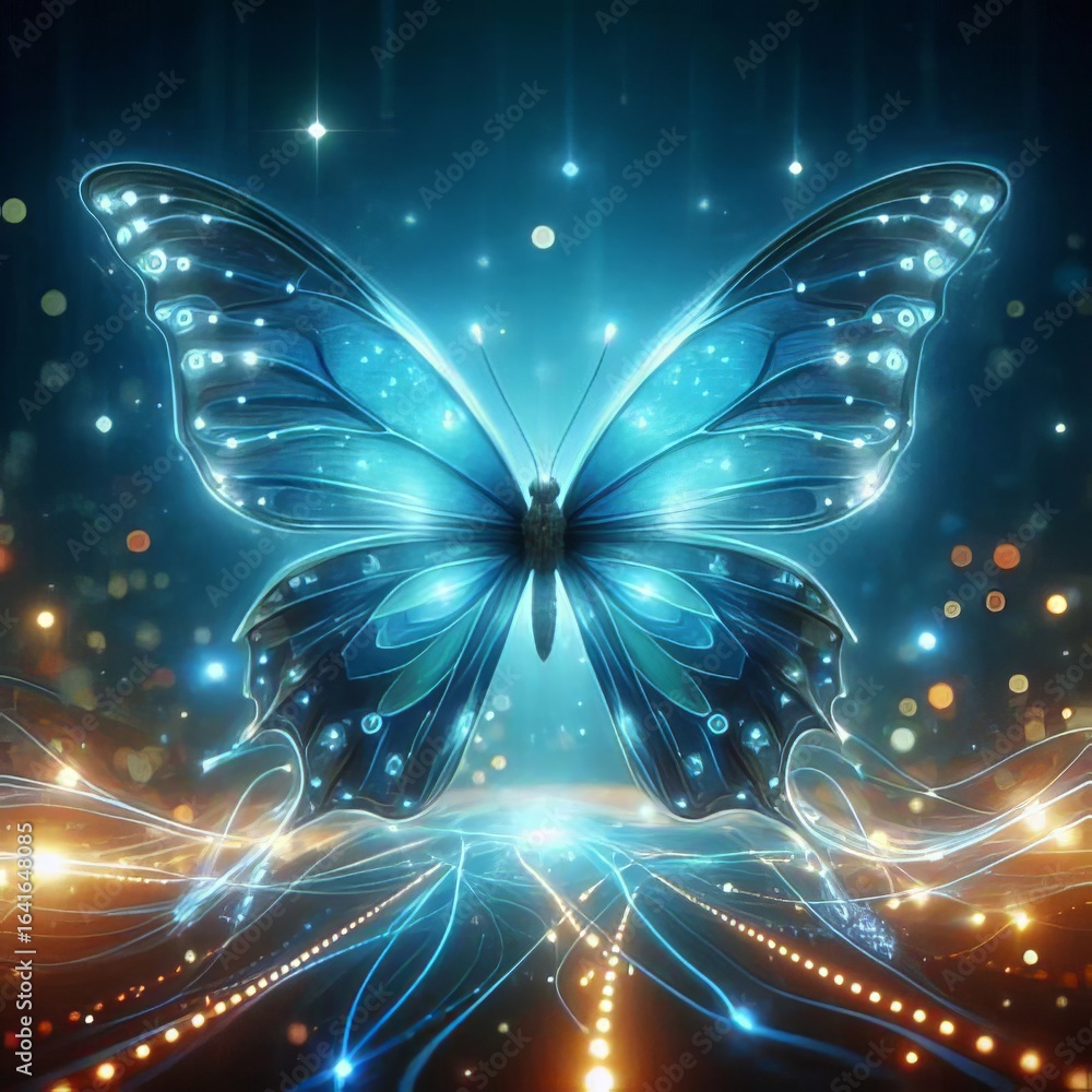 Poster a luminous butterfly with intricate blue patterns glows against a dark background, surrounded by shi