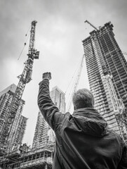 A person looks up at skyscrapers and cranes in a cityscape, expressing determination. The scene is in black and white.