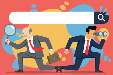 Flat illustration of businessmen searching with magnifying glass and binoculars