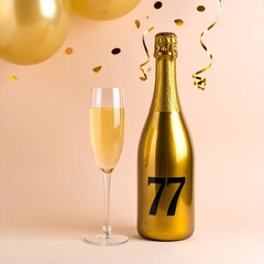 Champagne bottle and glass with number 77. Festive photo for birthday or anniversary party
