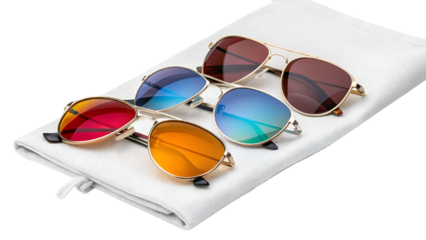colorful sunglasses collection for summer with white bag  isolated on transparent background