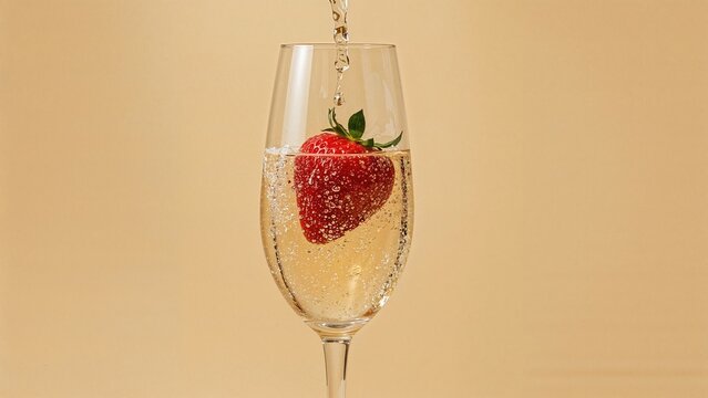 Glass filled with sparkling wine and a single red strawberry caught in bubbles