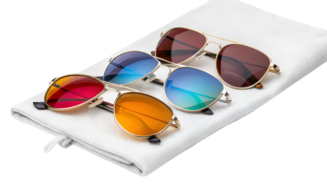 colorful sunglasses collection for summer with white bag  isolated on transparent background
