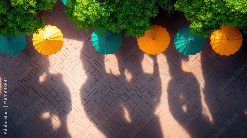 Poster overhead view of a street market with cloud shadows casting patterns on the ground.