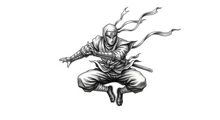 A skilled ninja warrior in action, isolated on white background