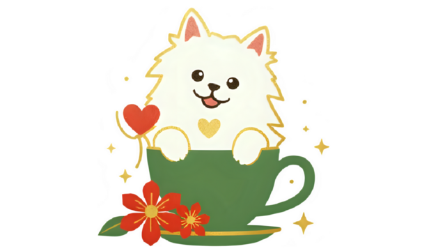 A smiling dog in a coffee cup, expressing happiness in warm tones, represents photography.