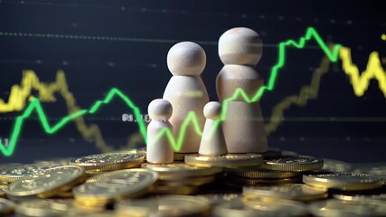 Wooden Family Figures Standing on Gold Coins against Rising Stock Chart Background - Powered by Adobe