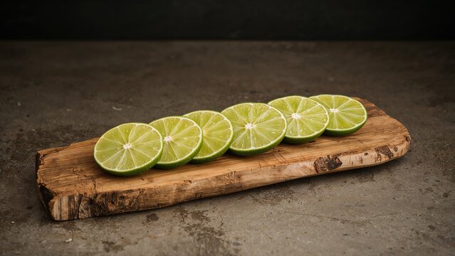 Slices of fresh lime arranged on a wooden surface against a dark background - Powered by Adobe