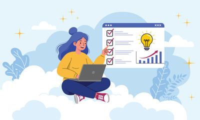 Flat illustration of woman with laptop pointing to checklist and growth chart in cloud background