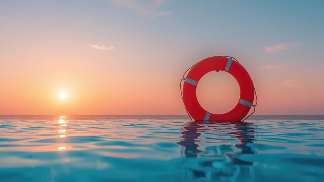 Orange life ring near a pool at dusk with blue sea and summer scenery
