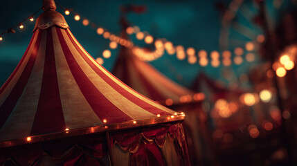 dark atmospheric circus tents with glowing string lights at night, mysterious carnival fairground scene — ideal for halloween posters, eerie event invitations, gothic themed designs, or dramatic story