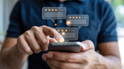 Customer Review - A man holding a smartphone with glowing speech bubbles and star ratings, for online customer feedback and service quality