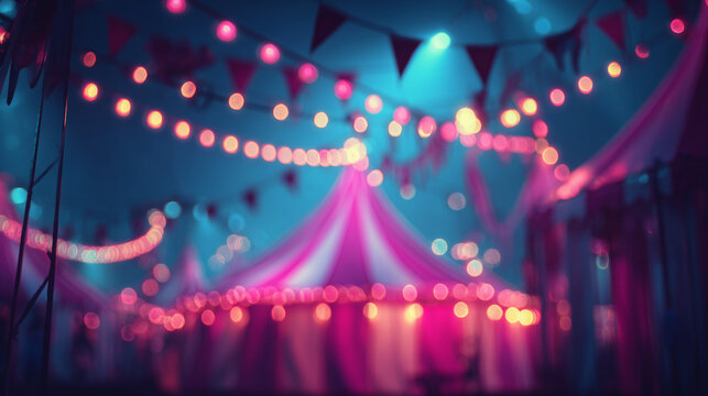dark atmospheric circus tents with glowing string lights at night, mysterious carnival fairground scene — ideal for halloween posters, eerie event invitations, gothic themed designs, or dramatic story