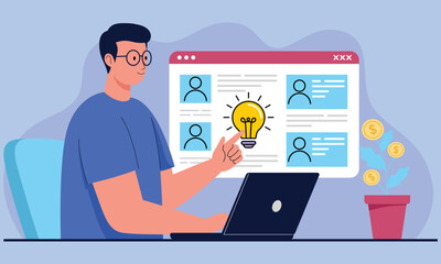 Man with laptop pointing at light bulb idea icon