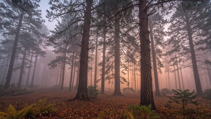 Fototapeta premium Misty early hours in a pine forest post-rainfall