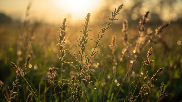 Zoomed-in view of herbaceous ground cover lit by the golden hour sun with a diffuse bright background