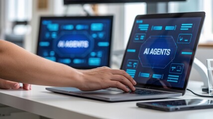AI Agents - A person working on a laptop with "AI AGENTS" text and a digital interface for artificial intelligence and machine learning