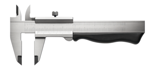Vernier caliper with a dual-scale for metric and imperial readings in a metal fabrication shop.