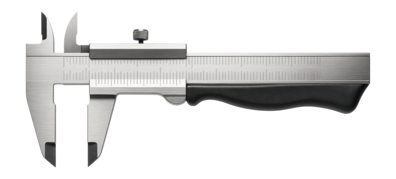 Vernier caliper with a dual-scale for metric and imperial readings in a metal fabrication shop.
