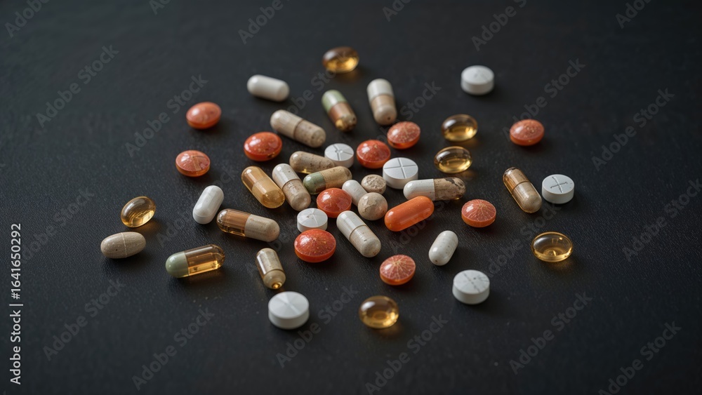 Poster collection of medication and multivitamins displayed on a dark base, close-up