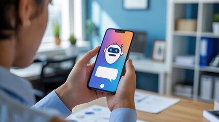 AI Chatbot - A woman holding a smartphone with an animated chatbot icon and a blank chat bubble, for online support and communication