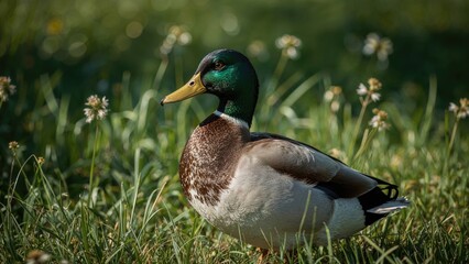 Fototapeta premium Sunlit duck on the ground