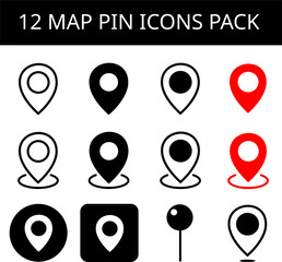 Set of 12 icons pack map pins pixel
